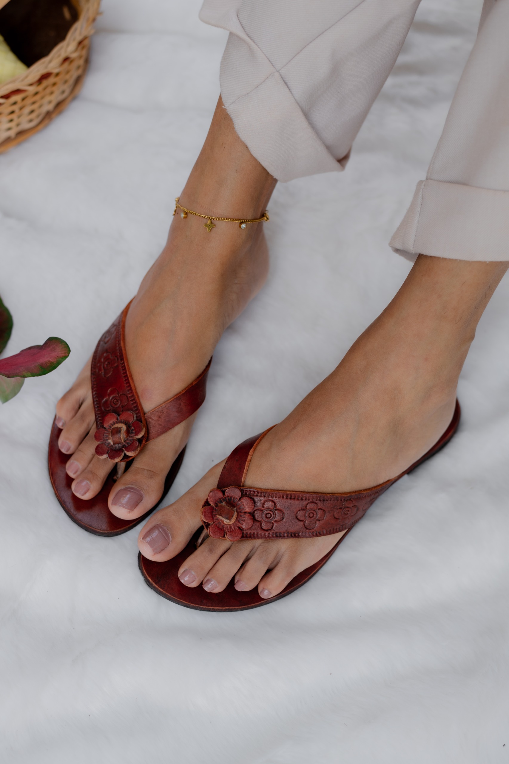 Leather Crafted Floral Flat