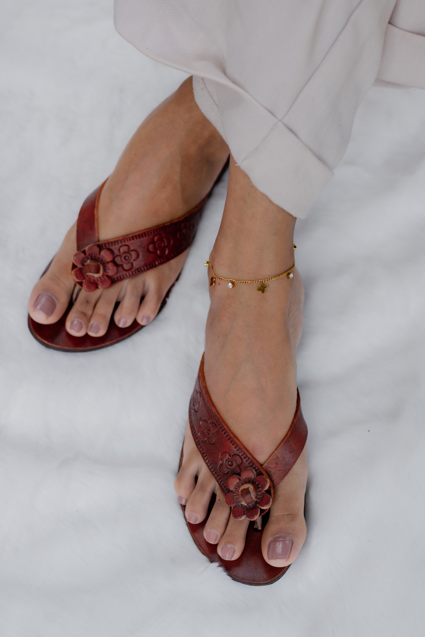 Leather Crafted Floral Flat